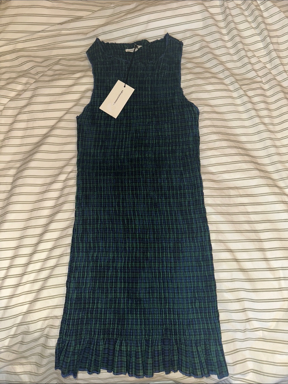 Sleeveless Navy and Green Plaid Knit Midi Dress